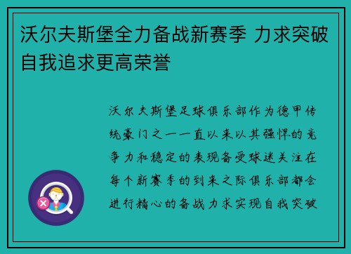 沃尔夫斯堡全力备战新赛季 力求突破自我追求更高荣誉